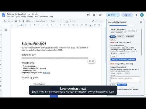 Video: check accessibility in Google Docs in 2 minutes with Kayabyte Accessibility Checker (1:34, YouTube)