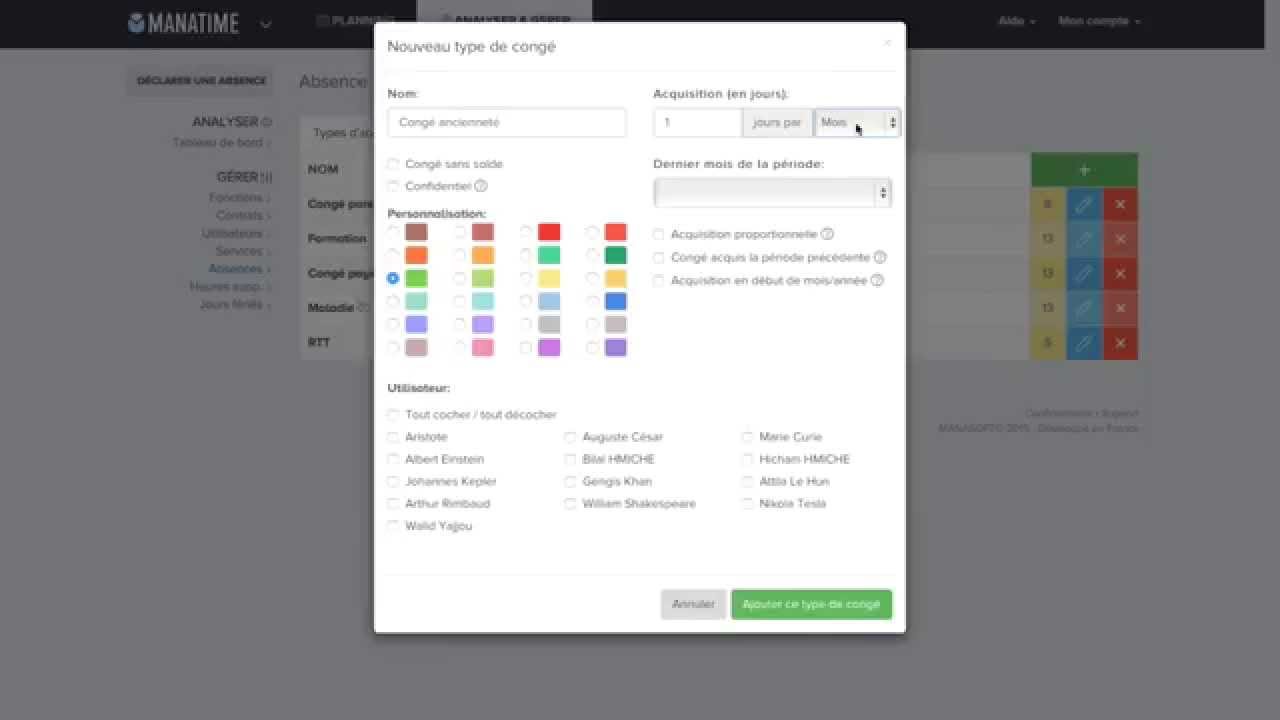 ManaTime - Les catégories d'absence