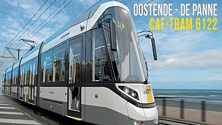 Cab Ride Coastal Tram Belgium. Ostend - De Panne with CAF tram 6122 with stop names.