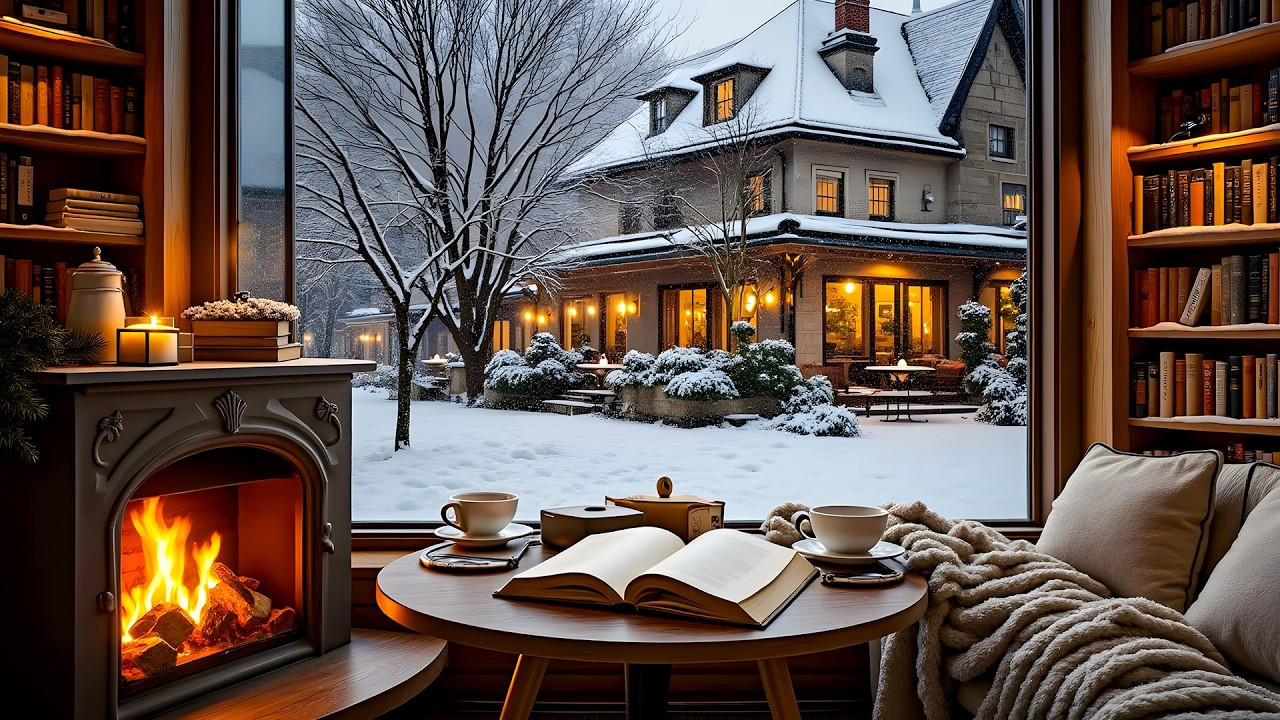 Winter Jazz Café Vibes ❄️ Warm Coffee Shop Atmosphere & Fireplace for Study