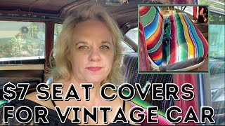 $7 thrifted Mexican blanket for a homemade car seat cover for 1960 Chevy Impala vintage car