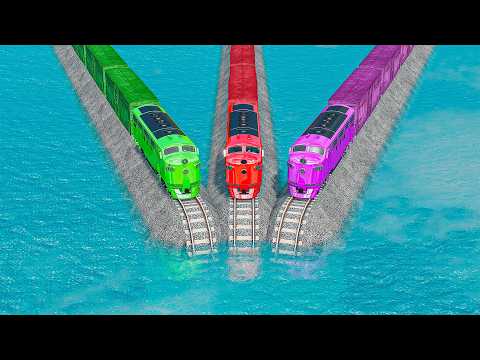Triple Colorful Trains Vs Impossible Straight Weird Rail Tracks Crossing Deepwater | BeamNG.drive