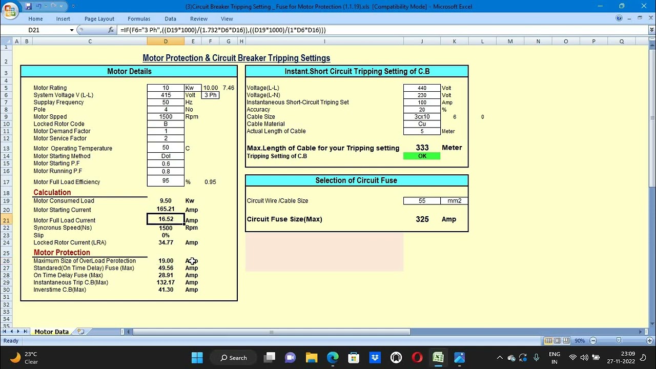 Motor Protection & Circuit Breaker tripping setting by using Microsoft Excel Tool in English
