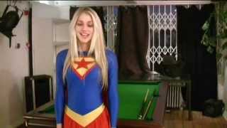 Supergirl Nicole Neal in her spandex superheroine costume [BTS]