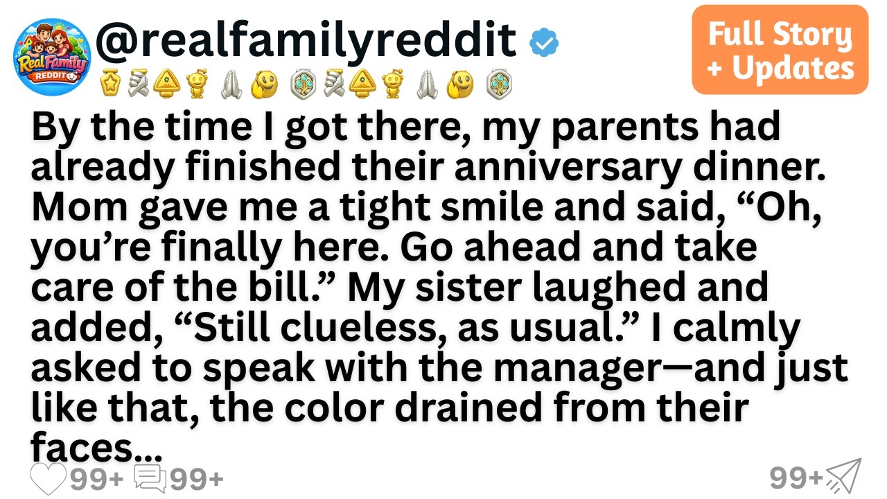 By the time I got there, my parents had already finished their anniversary dinner. Mom gave me a ...