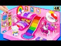 Make Cute Pink Hello Kitty Bedroom has Bunk Bed, Rainbow Slide Pool ❤️ DIY Miniature Cardboard House