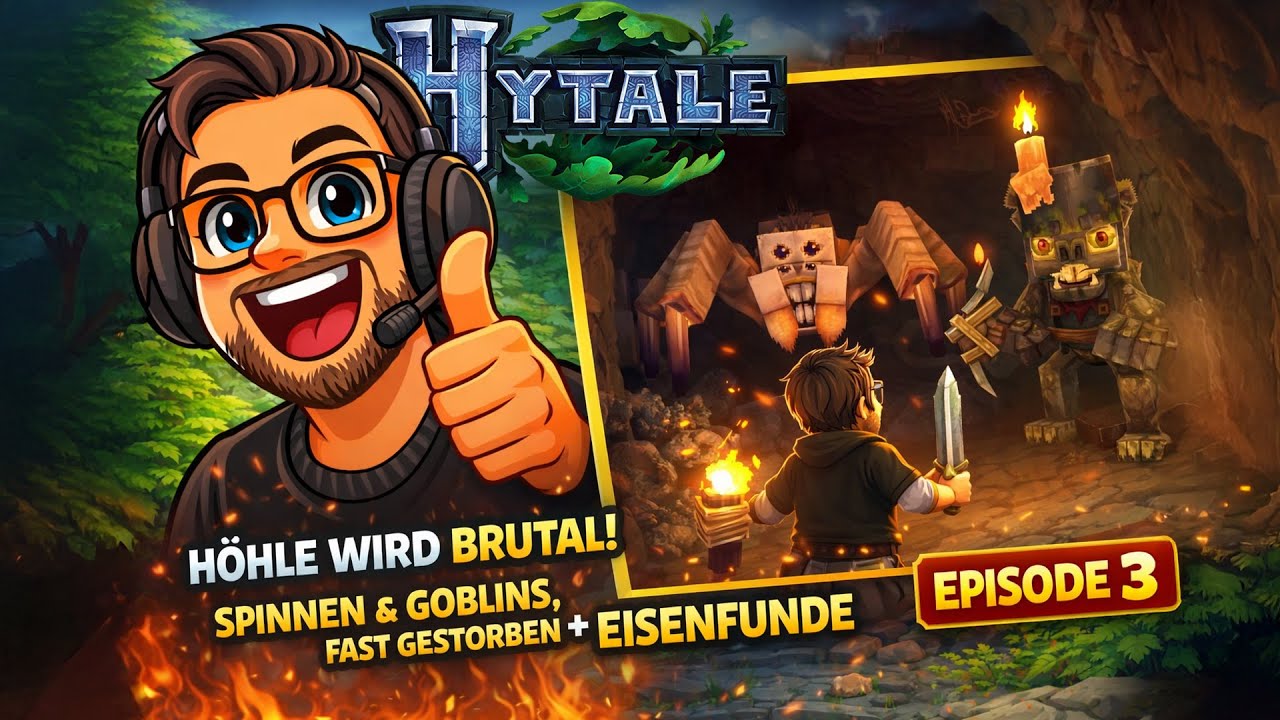 Hytale Deutsch (PC) – Folge 3: Höhle wird brutal! Spinnen & Goblins, fast gestorben + Eisenfunde