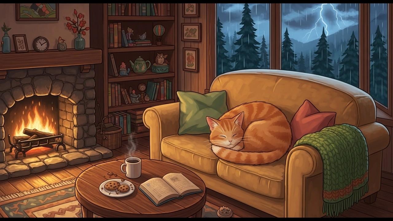 Cozy Rainy Night by the Fireplace 🐾🔥 Relaxing Lofi Beats for Reading & Study Time