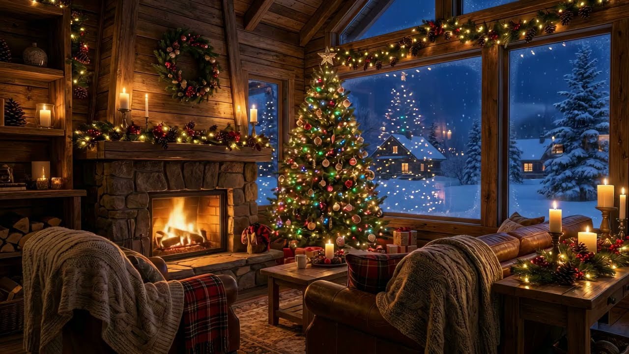 Cozy Christmas Cabin 🔥 Fireplace Sounds at Night | Snow Outside • No Music