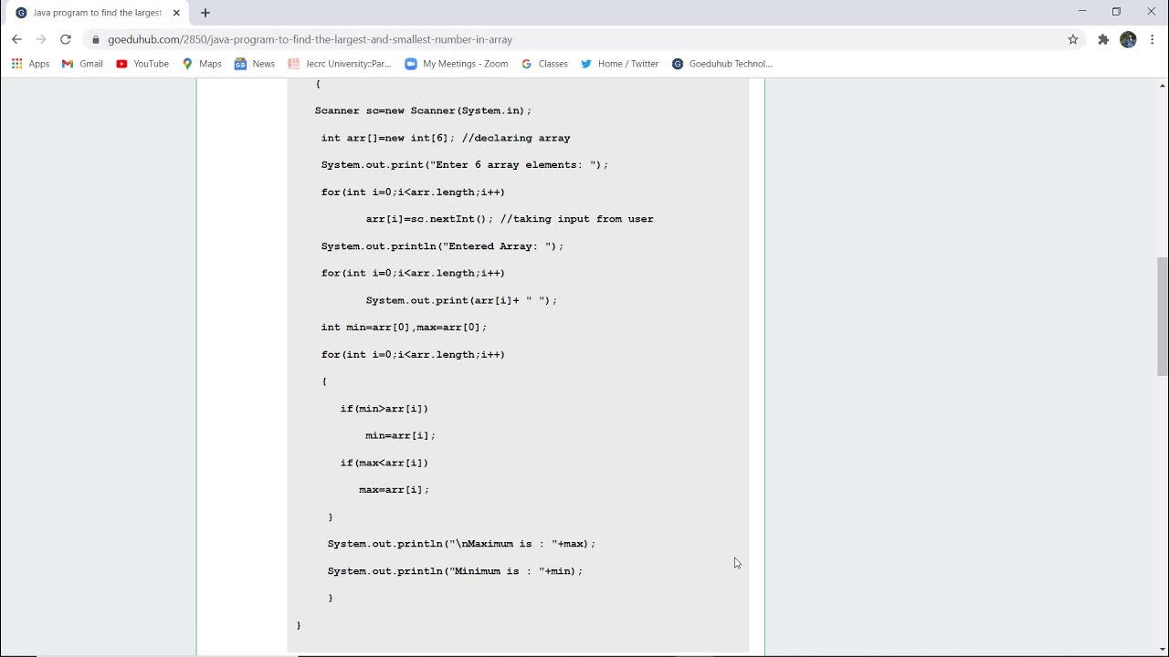 Java program to find the largest and smallest number in an array - YouTube