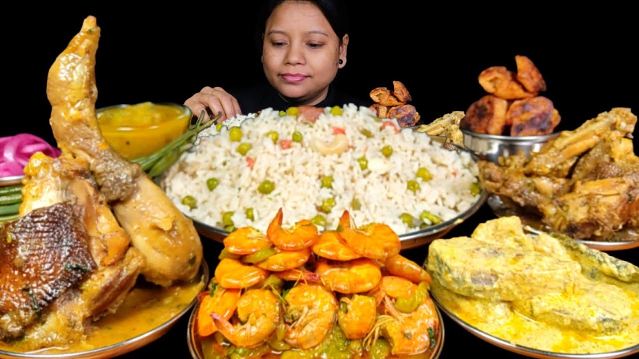 Eating Veg Pulao, Chicken Papaya Curry, Ilish Bhapa, Prawns Curry,Crispy Fry | Eating Show | Mukbang