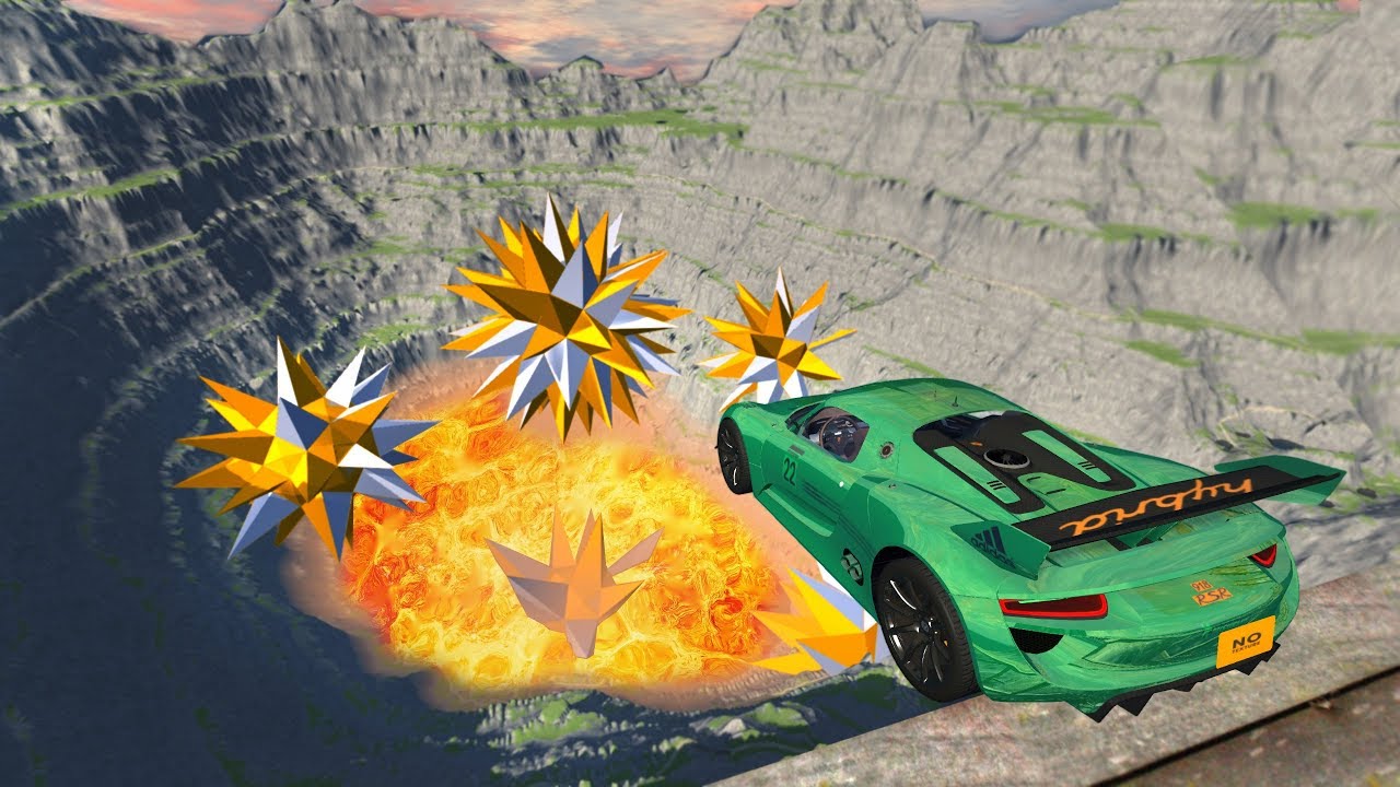 BeamNG drive - Leap of Death Car Jumps & Falls Into Lava Pit with Giant Spike Balls