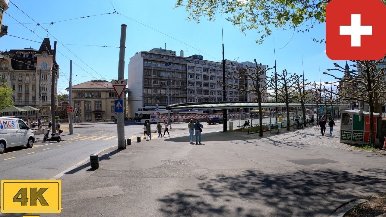 Lausanne, Switzerland (Place de la Riponne to Pont Chauderon) | Spring【4K】Canton de Vaud, Suisse