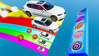 Giant & Small Cars vs Portal Trap with Slide Colors - Cars vs Cannon vs Police Car🚨- BeamNG.Drive