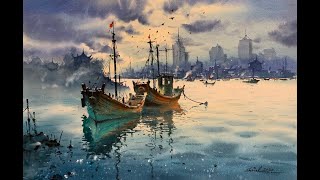 Boat reflections on water - Watercolor painting by javid tabatabaei