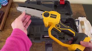 Watch in action Mini Chainsaw Cordless for Dewalt 20V MAX Battery, OUGESH