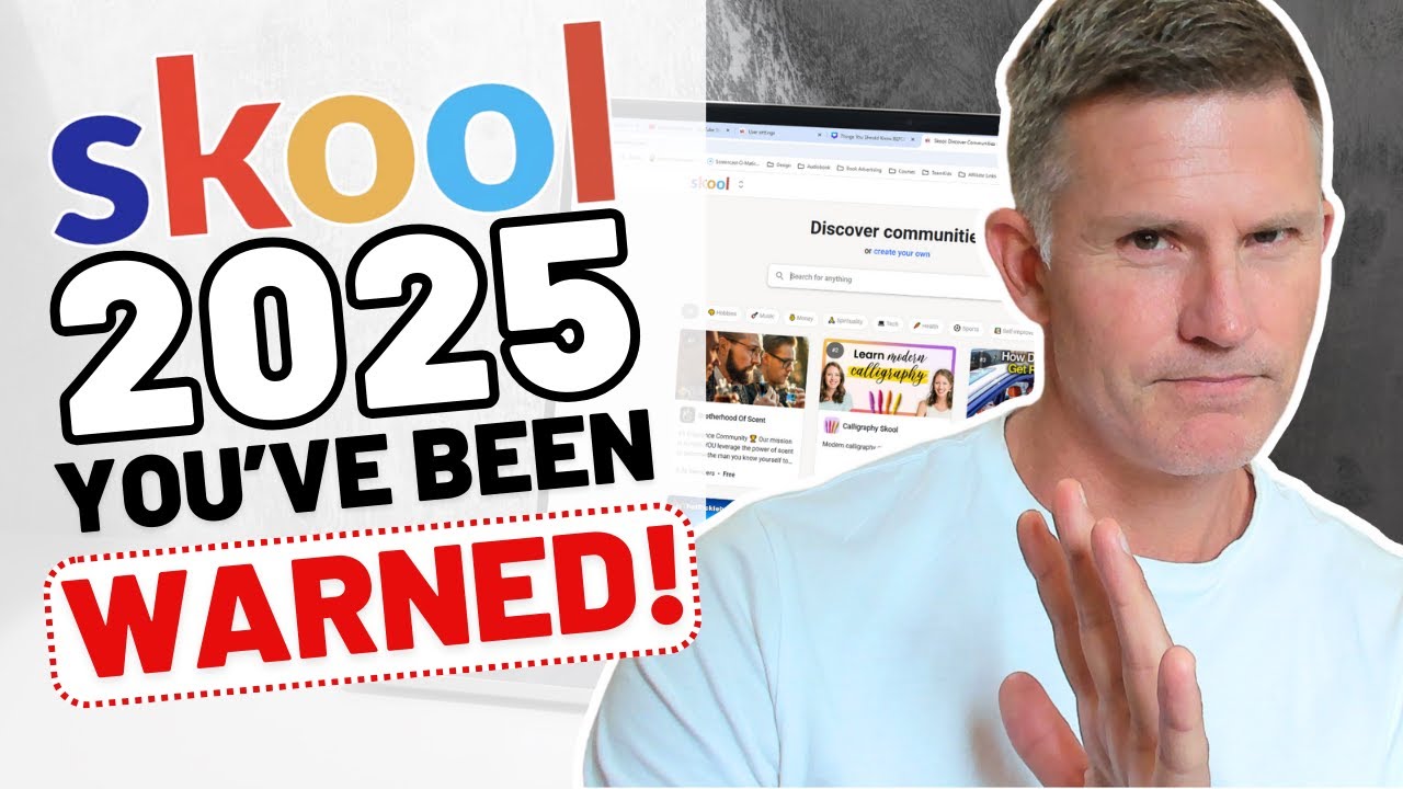 Skool Review 2025 – You've Been Warned! Bold thumbnail image featuring a man in a white shirt holding up his hand with a serious expression, alongside the Skool platform dashboard showing online communities. Text reads 'Skool 2025 – You’ve Been Warned!' in bold black and red lettering.