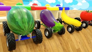 🟡🟢 Learn Colors with Super Fruits Cars Trucks Vehicles Wheel Stick - Cars Trucks Cartoon Assembly 🟡🟢