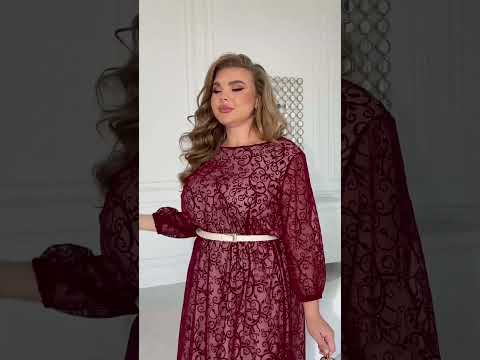 Гіпюрова червона сукня з блискітками та прозорими рукавами, великих розмірів від 46 до 68, видео 1