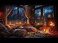 Enjoy a heavy thunderstorm in a cozy corner with rain and crackling fireplace