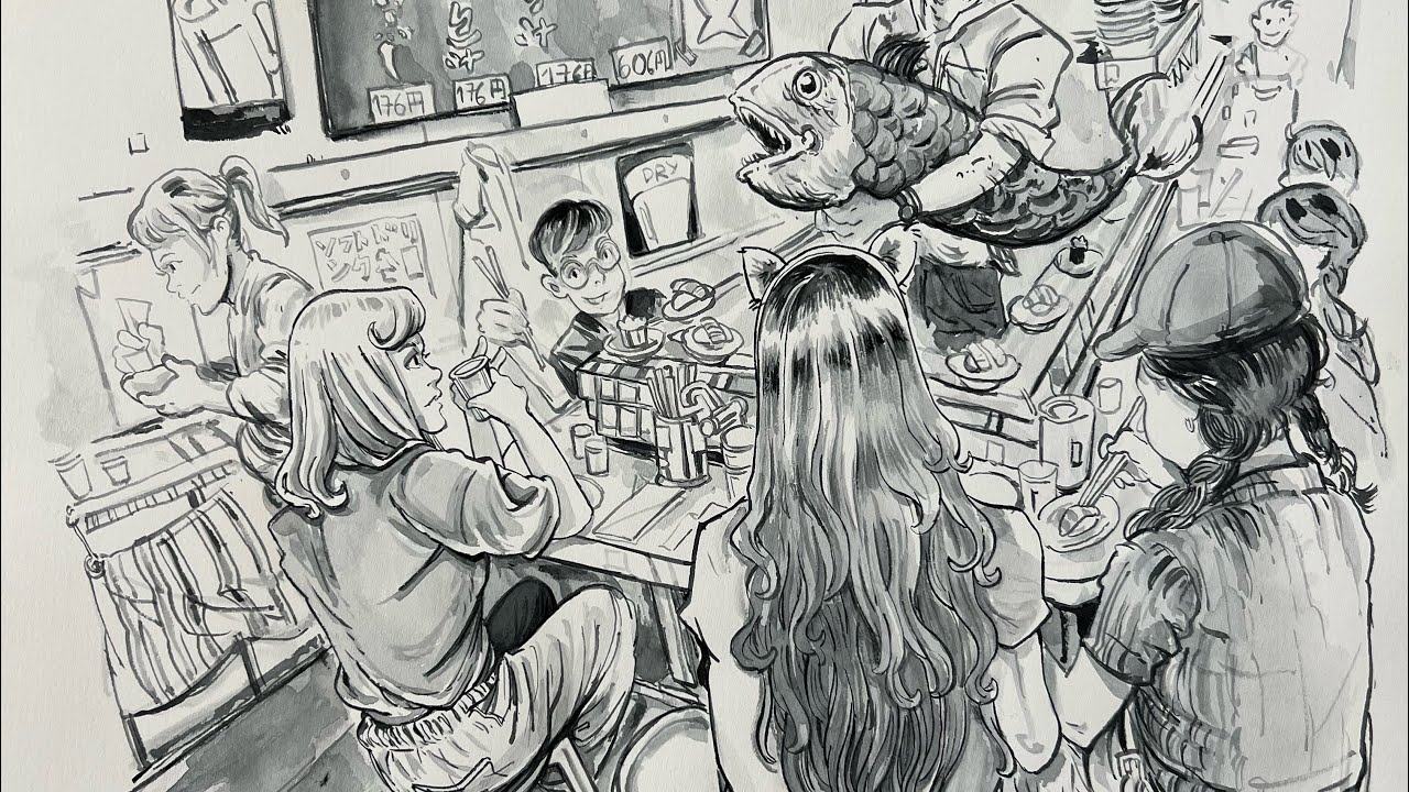 Drawing a sushi restaurant in Japan with a ink brush