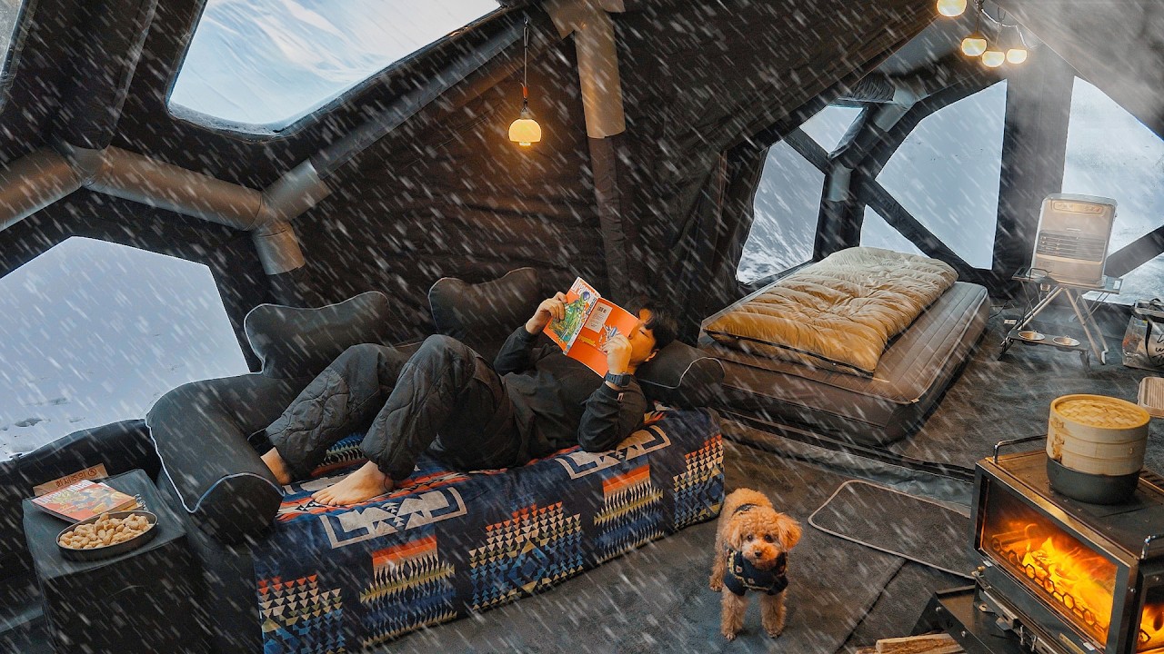 Поход в снежный кемпинг с моей собакой . Отдых в надувной палатке с подогревом . Дровяная печь ASMR