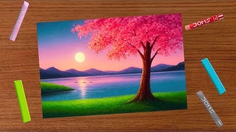 Oil pastel spring scenery painting for beginners | Oil pastel drawing cherry blossom