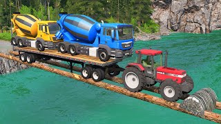 Mixer Truck Speed Bumps Log Bridge Flatbed Trailer Tractor - Cars vs Deep Water - BeamNG.Drive