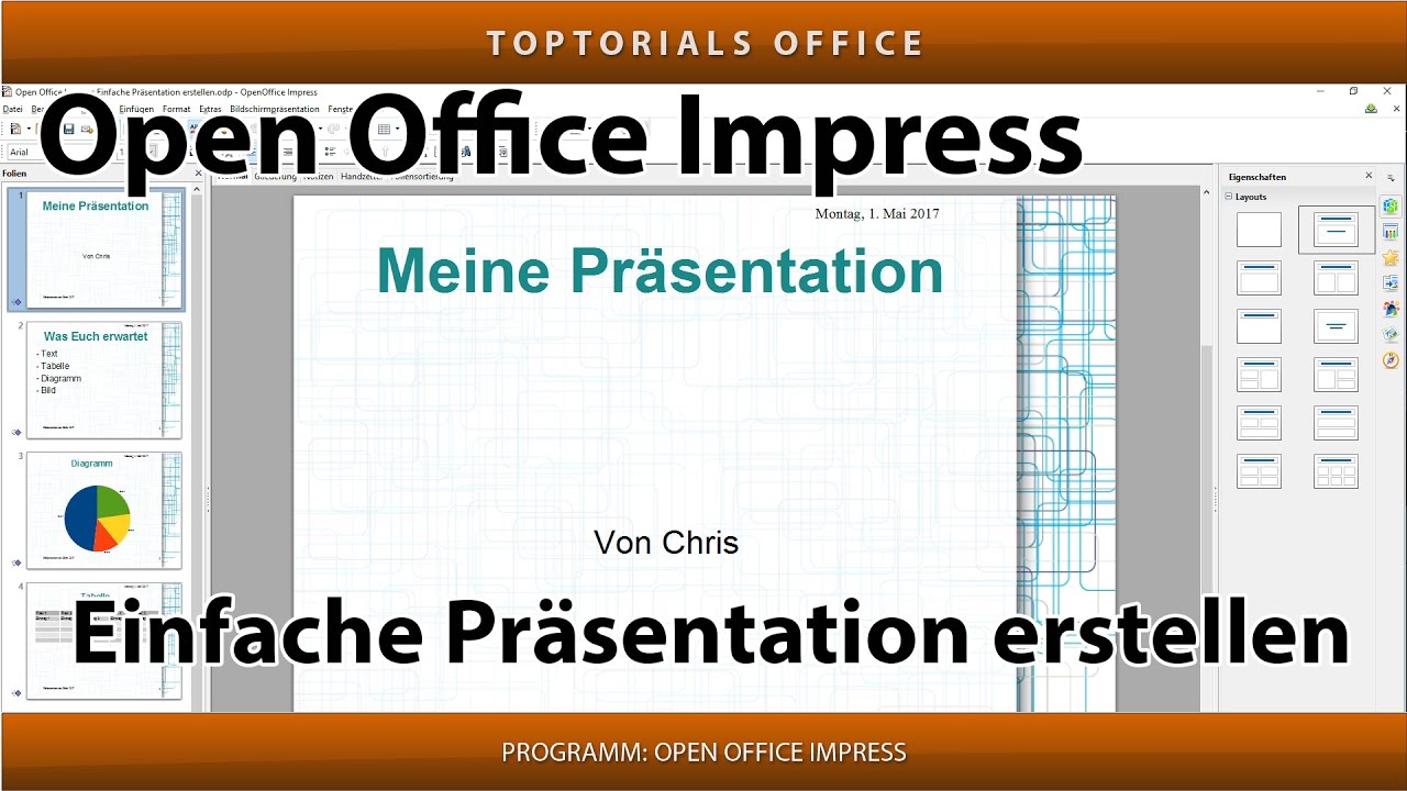 Einfache Prasentation Erstellen Mit Open Office Impress Bild Tabelle Diagramm Youtube