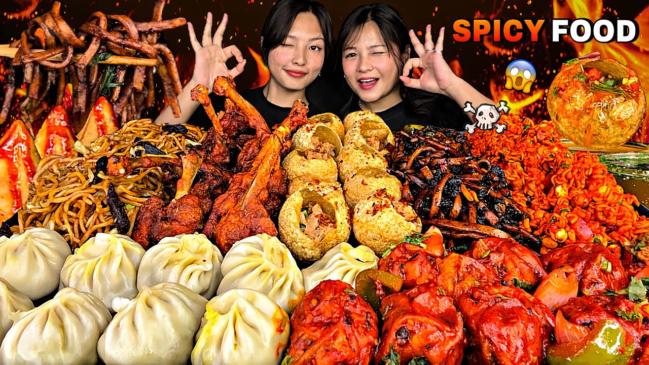 DEADLY SPICY STREET FOOD MUKBANG🔥| Buff Momo, C Momo, Chatpatey, Panipuri, Lolipop, Keema Noodles