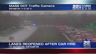 Car fire on I-91 South in Northampton causes traffic backup