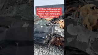 RAM 1500 battered and burned with the hemi engine ejected on impact #crash #salvage #ram1500 #hemi