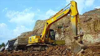 Dirt Mining Quarry ! Komatsu PC195LC Excavator Loading Dump Trucks