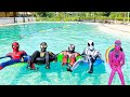 Pro 5 superhero team  spiderman party on the swimming pool  nerf gun  balloon  food 