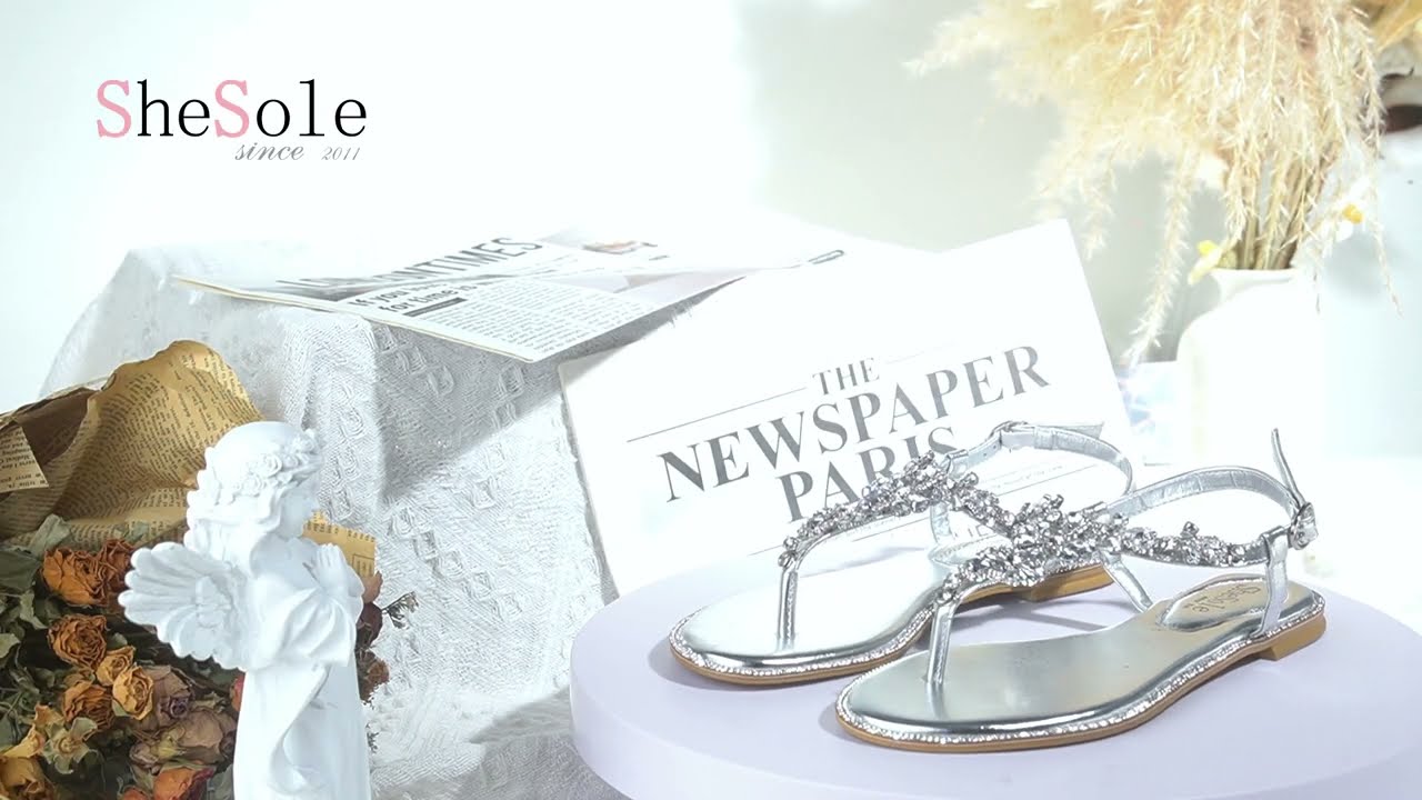 Women's Sparkly Rhinestone T-Strap Silver Flat Sandals