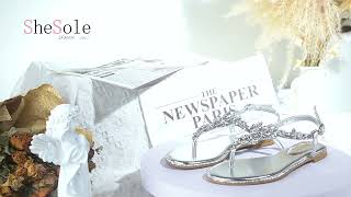 Women's Sparkly Rhinestone T-Strap Silver Flat Sandals