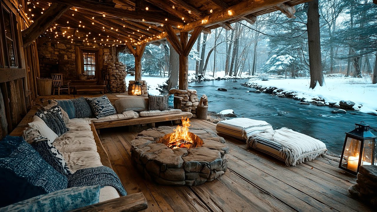 Winter Riverside Porch Campfire with Forest Nature Sounds