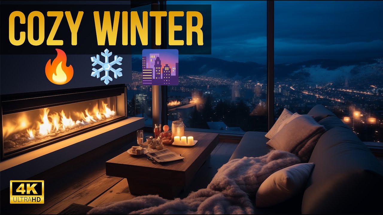 Winter Cozy Cabin in Snowfall Ambience with Crackling Fireplace, Snow  Falling and Relaxing Wind 