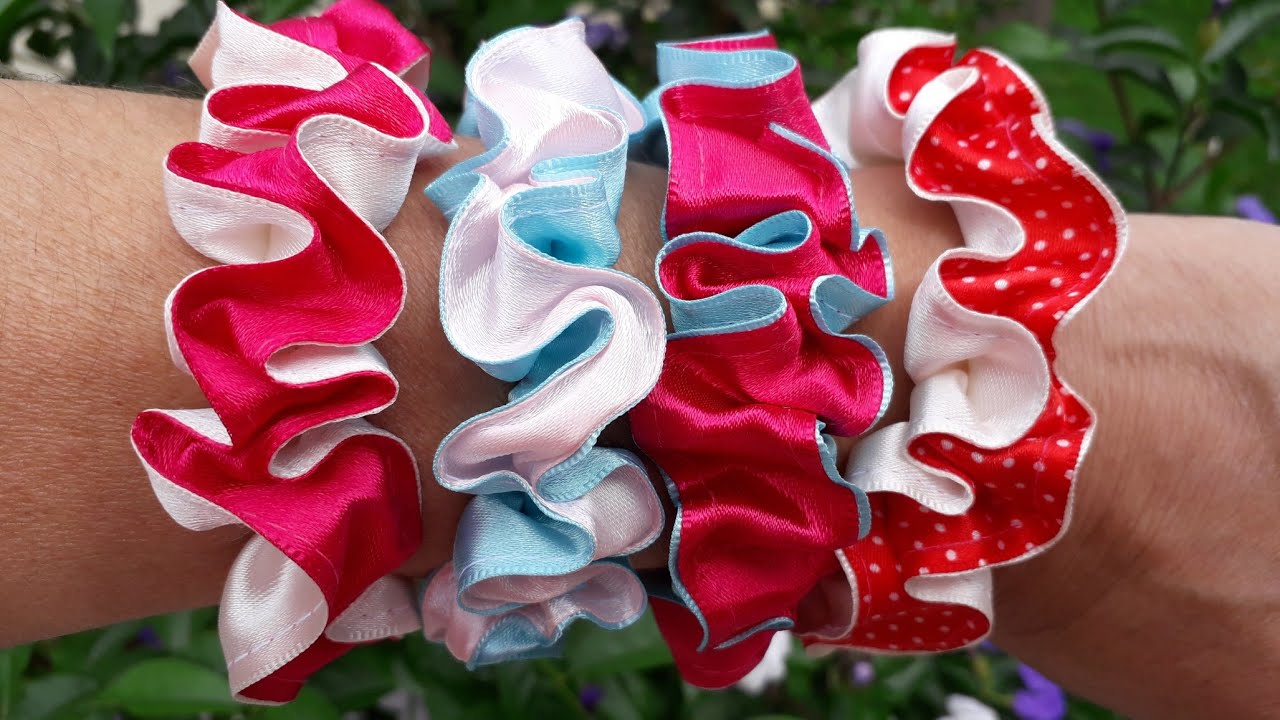 Scrunchies 4 sizes of ribbns. Xuxinhas com fita largura diferentes,  passo à passo