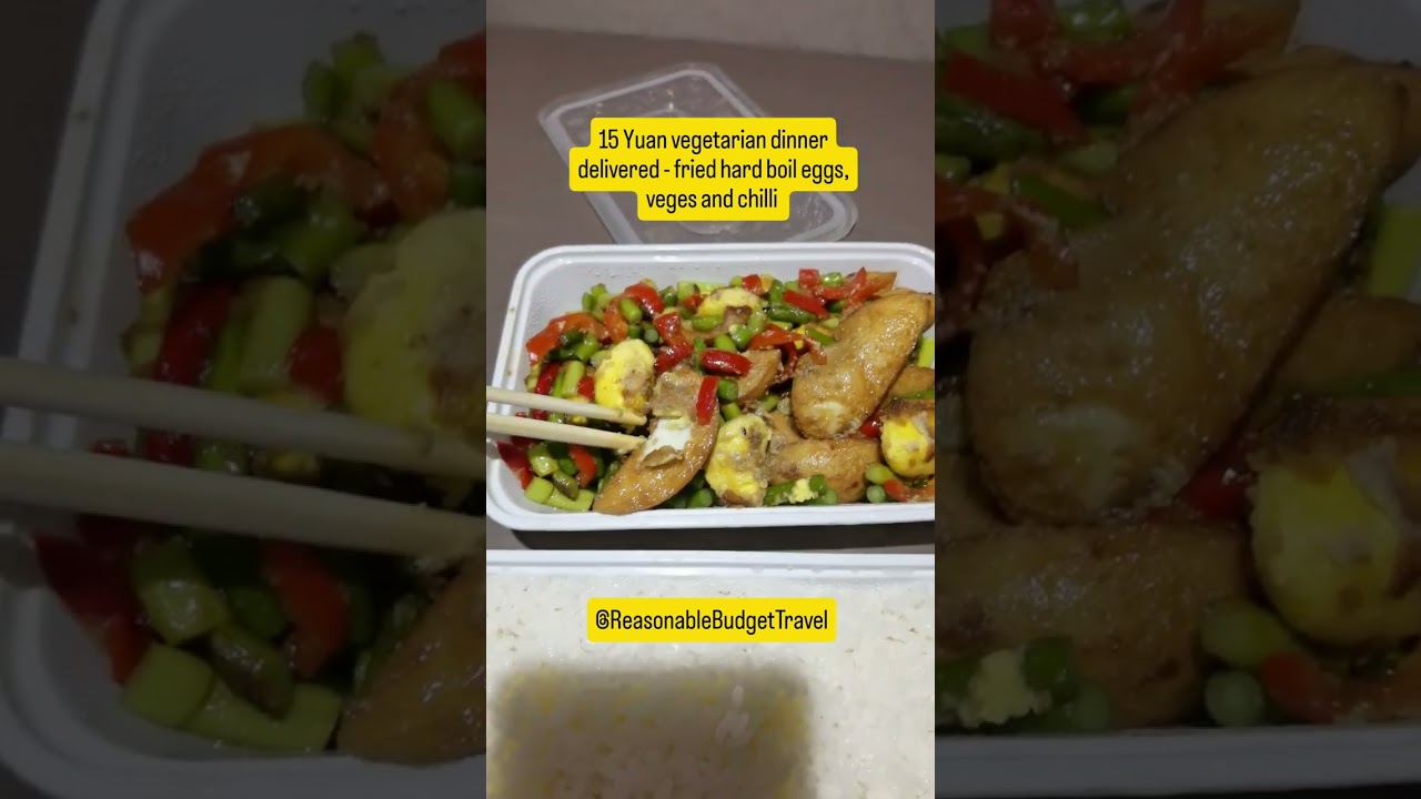 USD 2 or 15 Yuan vegetarian dinner delivered - fried hard boil eggs, veges and chilli