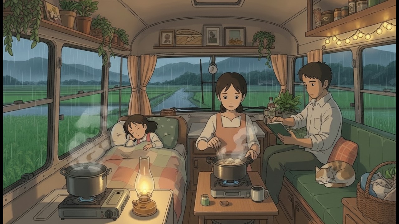 Rainy Day in Our Cozy Mobile Home 🌧️ Ghibli-Style ASMR Slow Living, Simple Cooking & Peaceful Couple