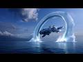 A port town of the future. Ocean and spaceship