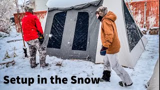 Kodiak Canvas Tent Winter Camping Setup while Snowing