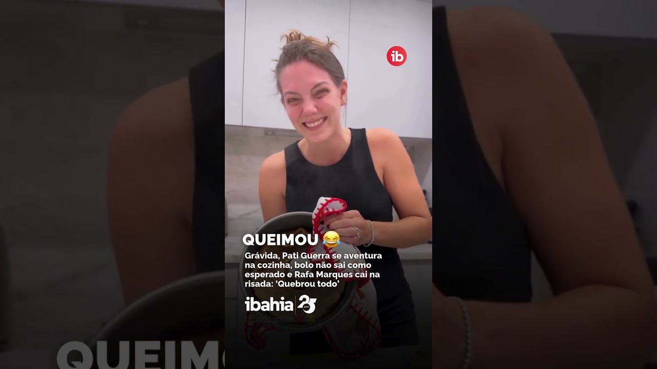 Grávida, Pati Guerra se aventura na cozinha, bolo não sai como esperado e Rafa Marques cai na risada 