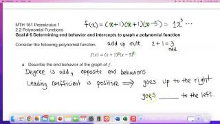 MTH 161 Section 2.2 ALEKS Topic: Determining end behavior and intercepts to graph a polynomial funct