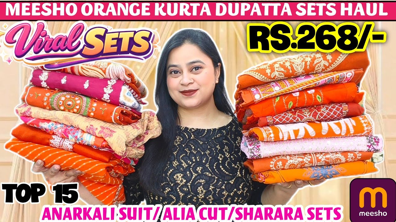 🧡Meesho TOP 15 Orange Kurta Dupatta Sets Haul Starting Rs.268🧡Anarkali/AliaCut/Sharara Sets #meesho 