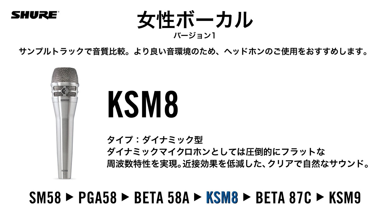マイク音質比較】女性ボーカル バージョン1 - SM58, PGA58, BETA 58A 