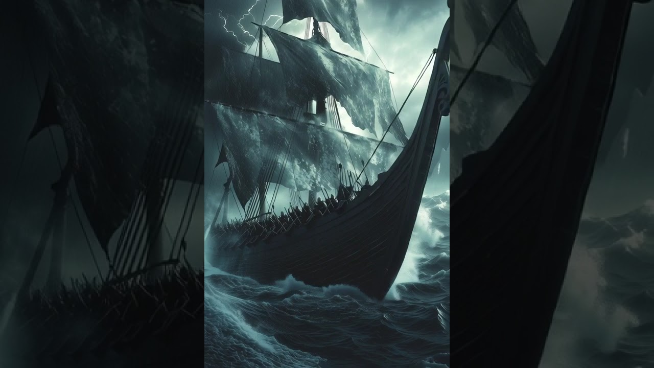A Viking longship battles against a violent storm, its crew struggling to keep control 