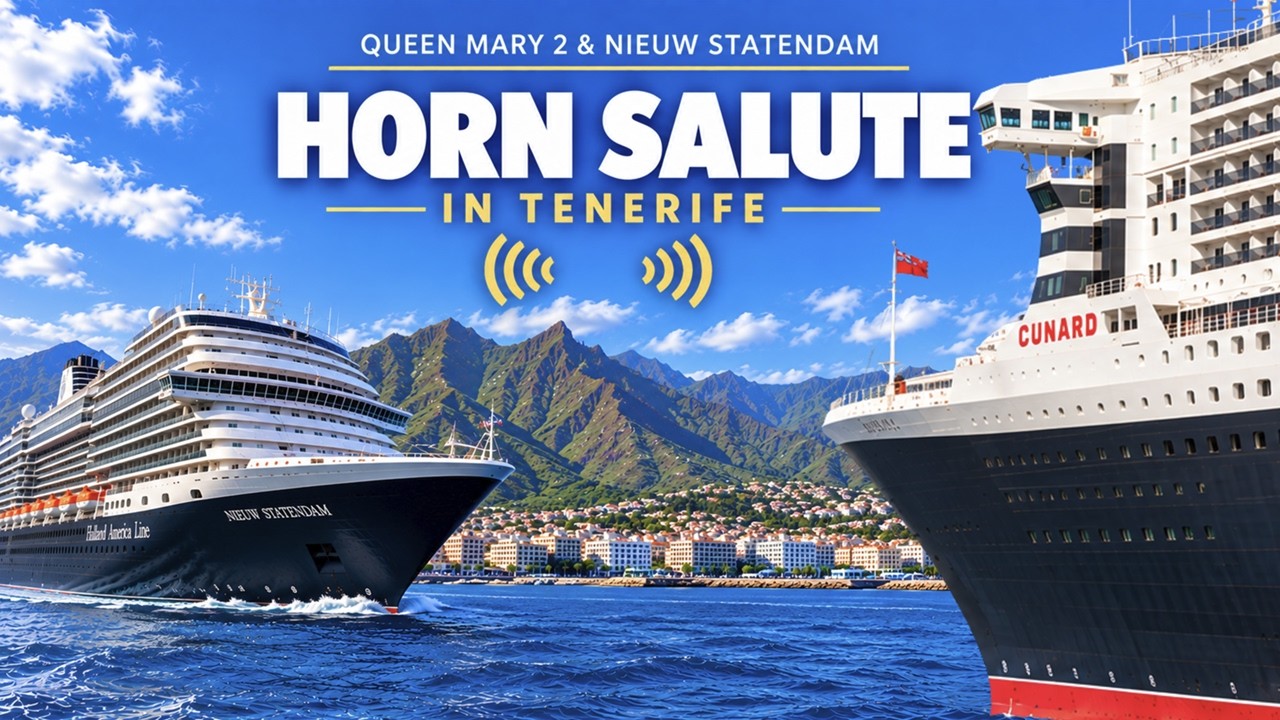 Queen Mary 2 & Nieuw Statendam Exchange Horn Salutes in Tenerife