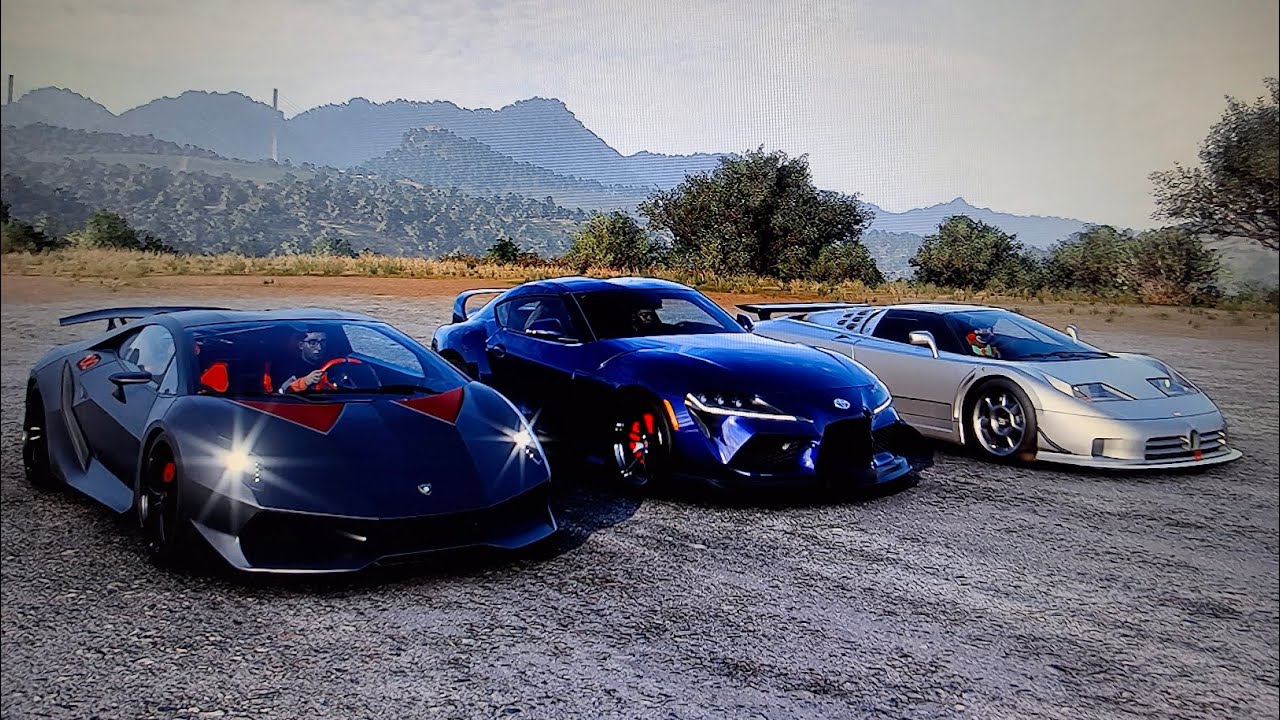 Forza Horizon 5 drag race Lamborghini Sesto Elemento vs Toyota Supra GR Vs Bugatti EB110